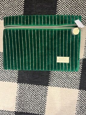 Mario Badescu Emerald Green Velvet Cosmetic Pouch with Gold Pinstripes